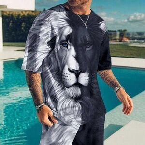 Set 2pc  2xl men shirt and shorts graphic lion